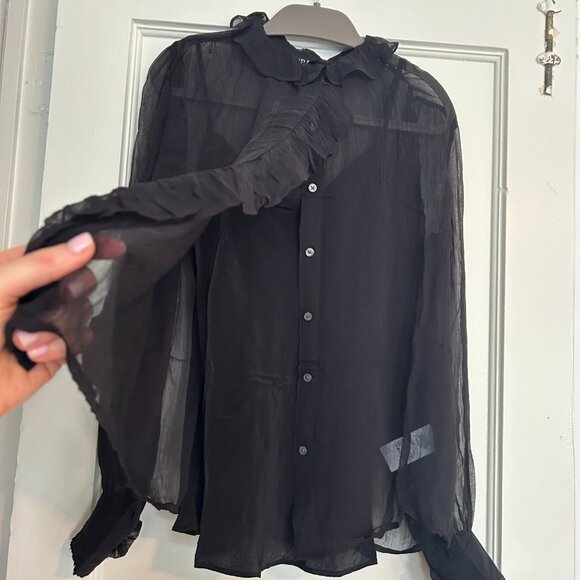J. Crew Black Ruffle button-up shirt in crinkle chiffon - Size 0 - NWT - Picture 8 of 13